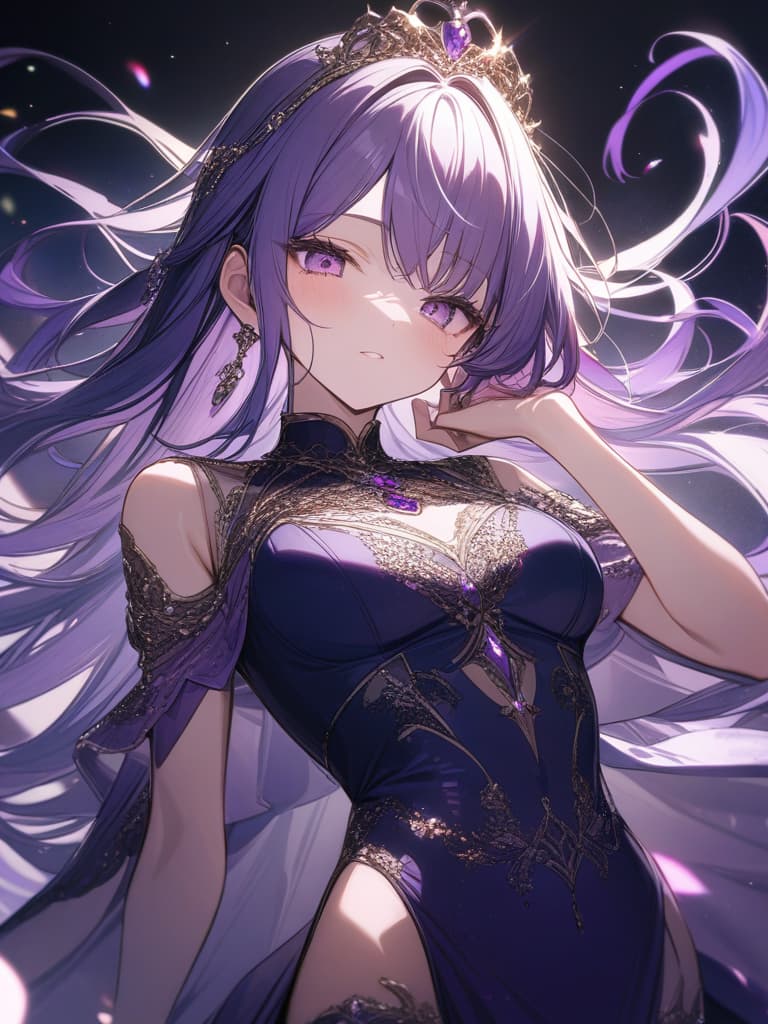  purple hair, odd eye, left eye, purple's right eye is a golden watch, dark purple mermaid dress, tiara on the head, right hand on your cheek, look down, glitter, glitter, masterpiece, best quality,8k,ultra detailed,high resolution,an extremely delicate and beautiful,hyper detail