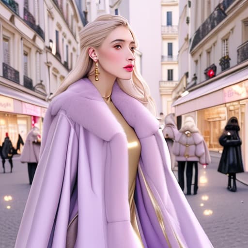  Pop up fur coat boutique, pastel pale purple and gold tones , at Christmas time in Paris , elegent classy luxury