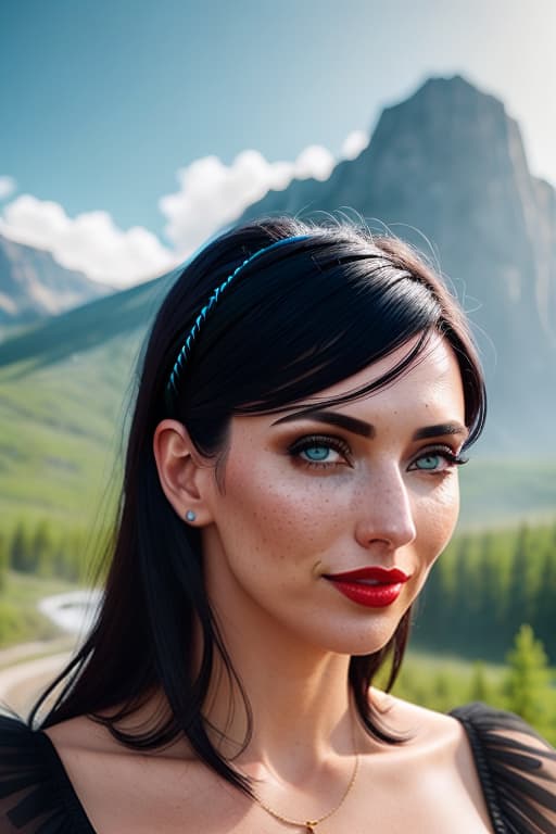  4k, ultra realistic, a photograph of a playful lady, undercut hair, black hair, sexy Summer dress, amazing body, light blue eyes, carmin red lips, pronounced feminine feature, busty, very deep cleavage, teeth, wyoming mountains , Waterfall, spring, bokeh, [black hair], freckles, flirting with camera hyperrealistic, full body, detailed clothing, highly detailed, cinematic lighting, stunningly beautiful, intricate, sharp focus, f/1. 8, 85mm, (centered image composition), (professionally color graded), ((bright soft diffused light)), volumetric fog, trending on instagram, trending on tumblr, HDR 4K, 8K
