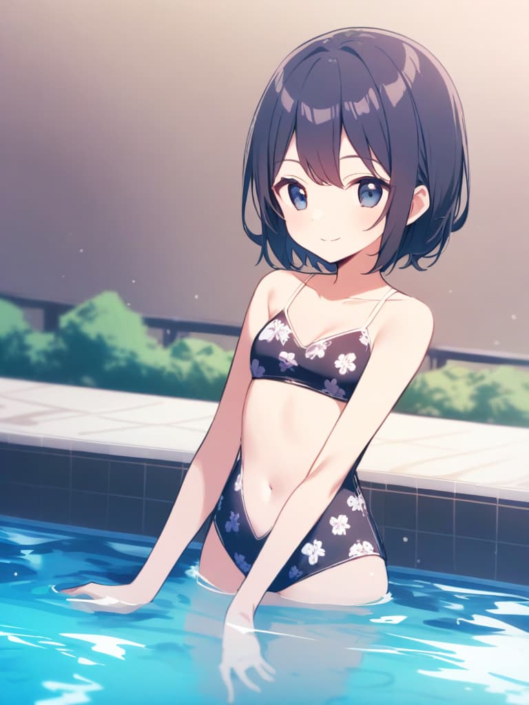  s, s, transveses, short stages, old swimwear (dark blue old ), clear (), (in swimwear), cute smile face, short hair, pool, pool,