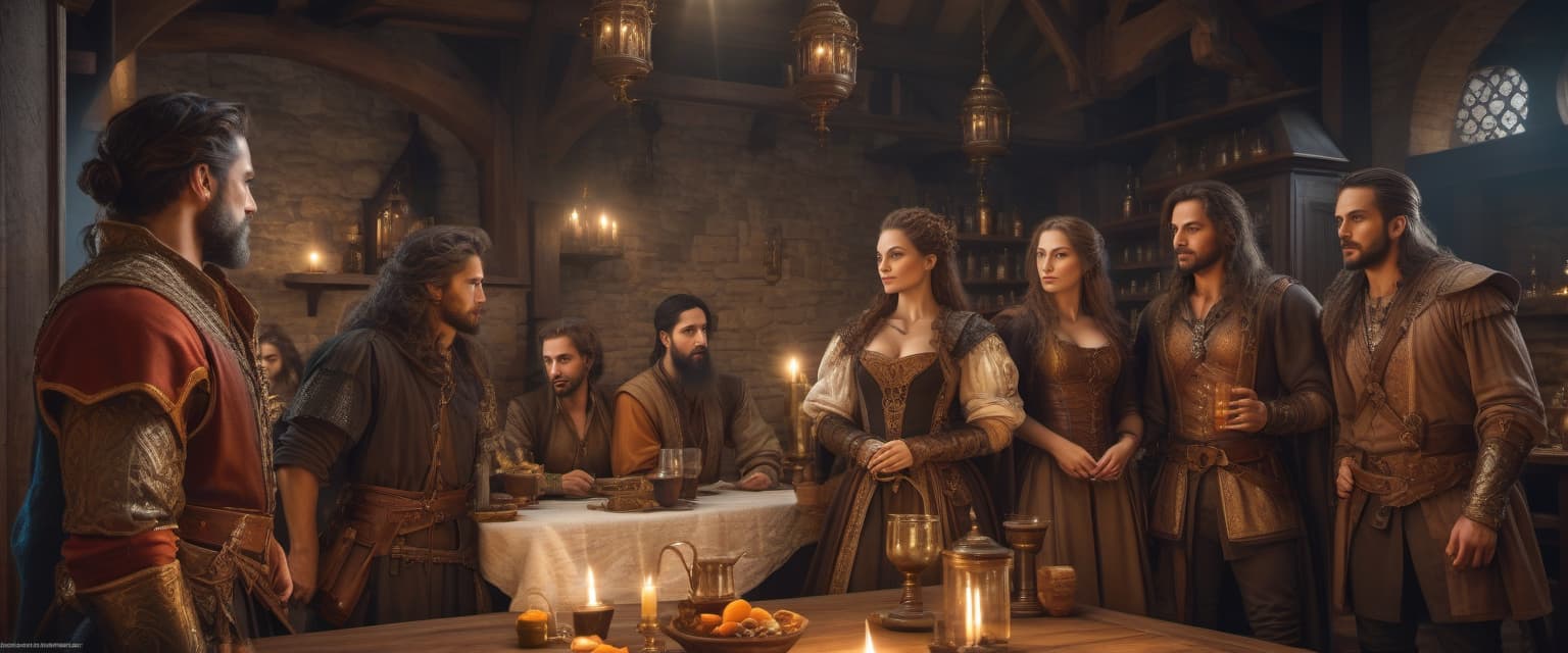  renaissance style fantasy heroes are standing in the tavern at the table . realistic, perspective, light and shadow, religious or mythological themes, highly detailed, hkmagic hyperrealistic, full body, detailed clothing, highly detailed, cinematic lighting, stunningly beautiful, intricate, sharp focus, f/1. 8, 85mm, (centered image composition), (professionally color graded), ((bright soft diffused light)), volumetric fog, trending on instagram, trending on tumblr, HDR 4K, 8K