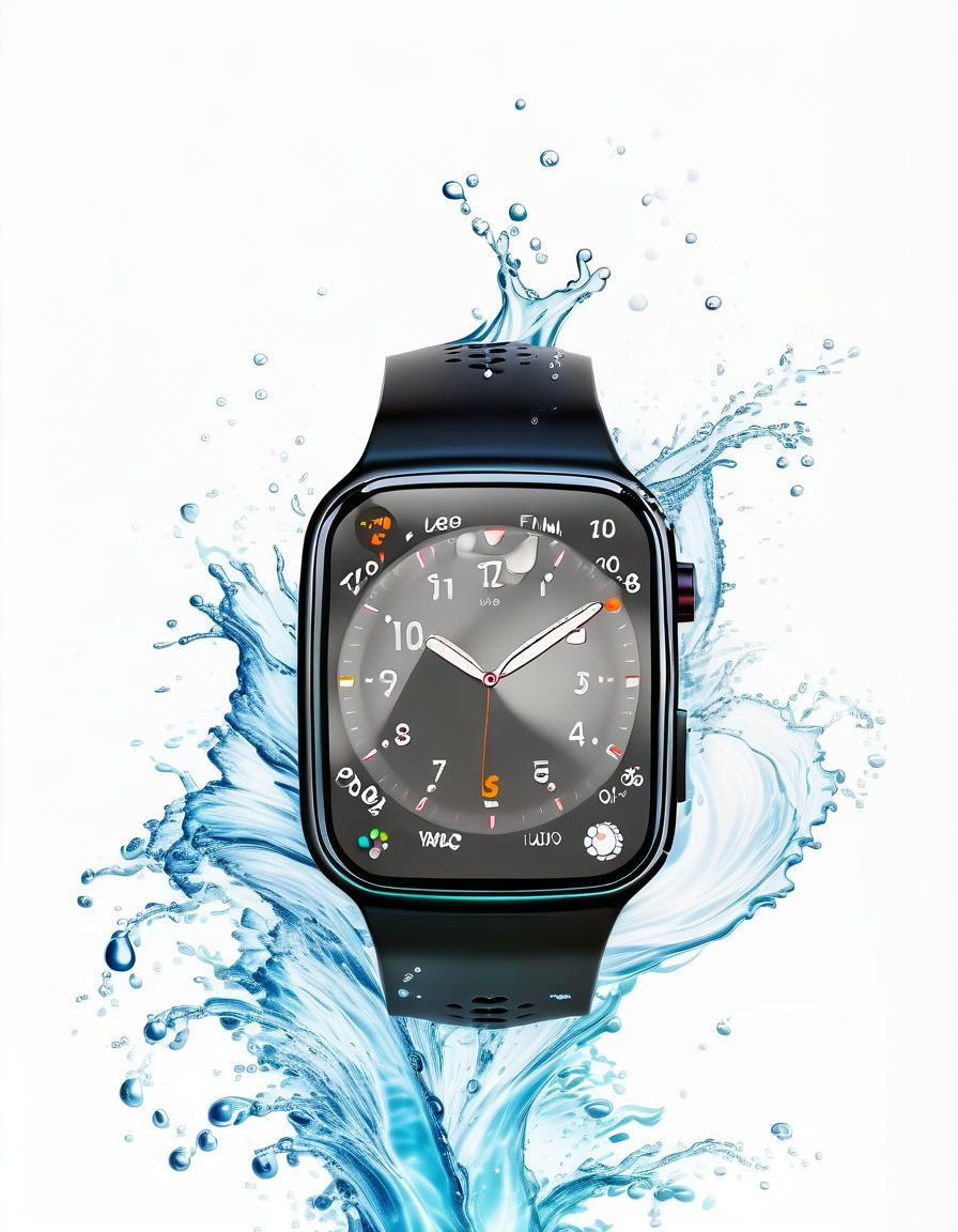  smart watch on a white background, around beautiful splashes of water, film photography style