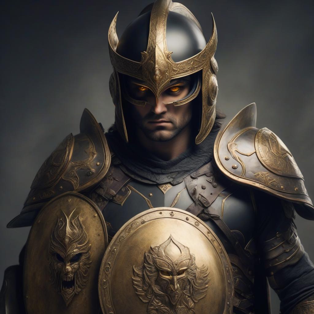  warrior in a helmet with a shield with golden eyes