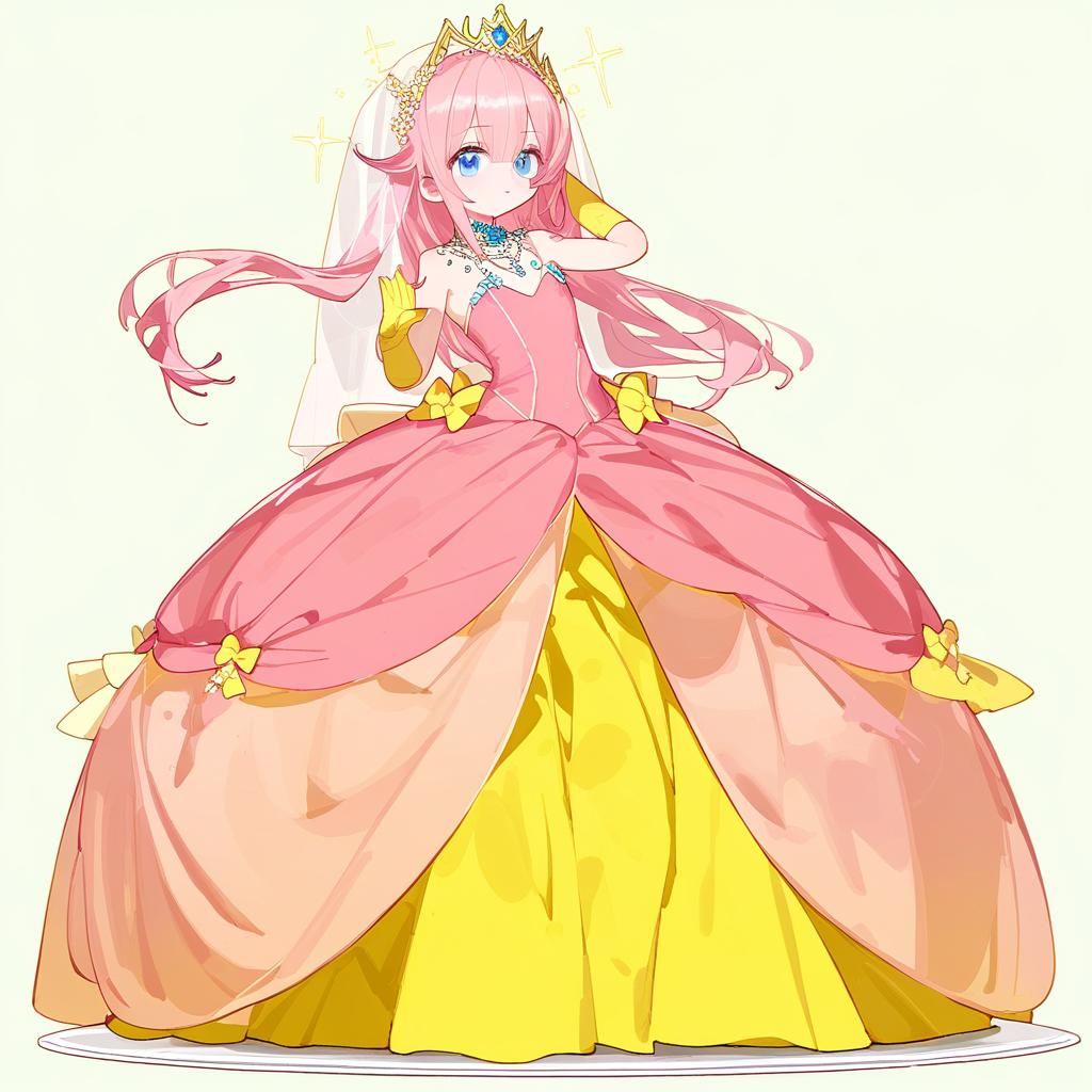  yellow, pink and blue big poofy princess dress, ball gown, frills, ruffles, bows, idol dress, magical style, long white opera gloves, long yellow opera gloves, giant s, sparkly tiara, fancy necklace, long floor length veil covering her hair and back, shining intense blue eyes, very long ankle length bright pink hair with long bangs . best quality, high resolution