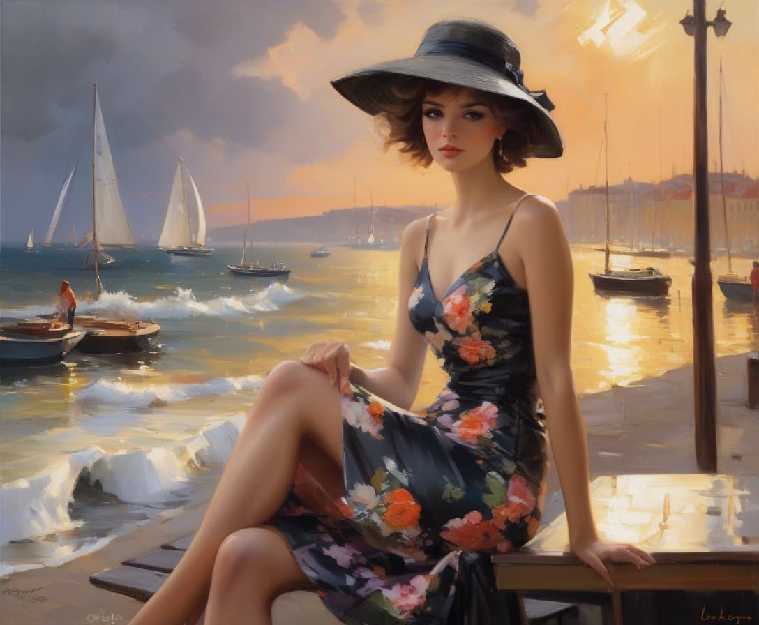  hyperrealistic art landscapes sunset by konstantin razumov and mikhail garmash and volegov, modern woman embankment by the sea, embankment by the sea, street cafe, a girl in a beautiful bright summer dress sits with her back to us, very short haircut, a beautiful beach hat with large sides on her head, a cocktail on the table,, the sea in the distance, photo realism, full length seascape painting depicting a dark night scene on a stormy sea by volegov:40 konstantin razumov :40 mikhail garmash:20 styles of by thomas moran and claude monet peter wileman, keith negley, and martin ansin, seascapes, sea, sunrise, mikhail garmash, louis jover, victor cheleg, damien hirst, claude joseph vernet,blending styles of peter wileman, keith negley, and 