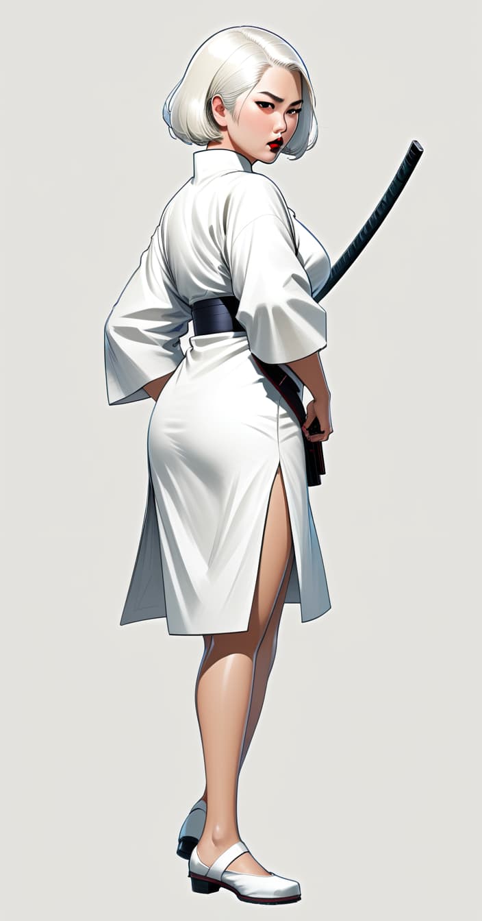  concept art modern time, in full growth, beautiful girl, the ancestor of the samurai, killer, heavy and fat, big legs, in dress, with sword in back, pistol in hand, white short hair, with lipstick, in a fighting position, concept art, illustrative, in color, digital artwork, highly detailed . digital artwork, illustrative, painterly, matte painting, highly detailed