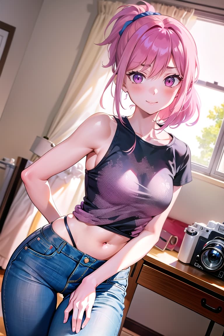  r 18, , middle , ,, pink haired ,ponytail,large eyes,A woman, caught in an moment of changing clothes, stands ly with a slight twist of her body, facing the camera. Her expression is a mix of surprise and seduction as she meets the lens with a mischievous smile. She wears a pink that accentuates her age, and her jeans are unoned, hanging low on her hips, emphasizing her slender waist. Her shirt is d casually over her arm, forgotten in the heat of the moment. The camera captures her from a low angle, emphasizing her commanding presence. The messy bedroom, with its unmade bed and scattered clothes, hints at a pionate interruption. BREAK Subject: woman, expressive face, m
