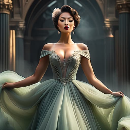  very luxury woman wearing dress muted tones magic hyperrealistic, full body, detailed clothing, highly detailed, cinematic lighting, stunningly beautiful, intricate, sharp focus, f/1. 8, 85mm, (centered image composition), (professionally color graded), ((bright soft diffused light)), volumetric fog, trending on instagram, trending on tumblr, HDR 4K, 8K