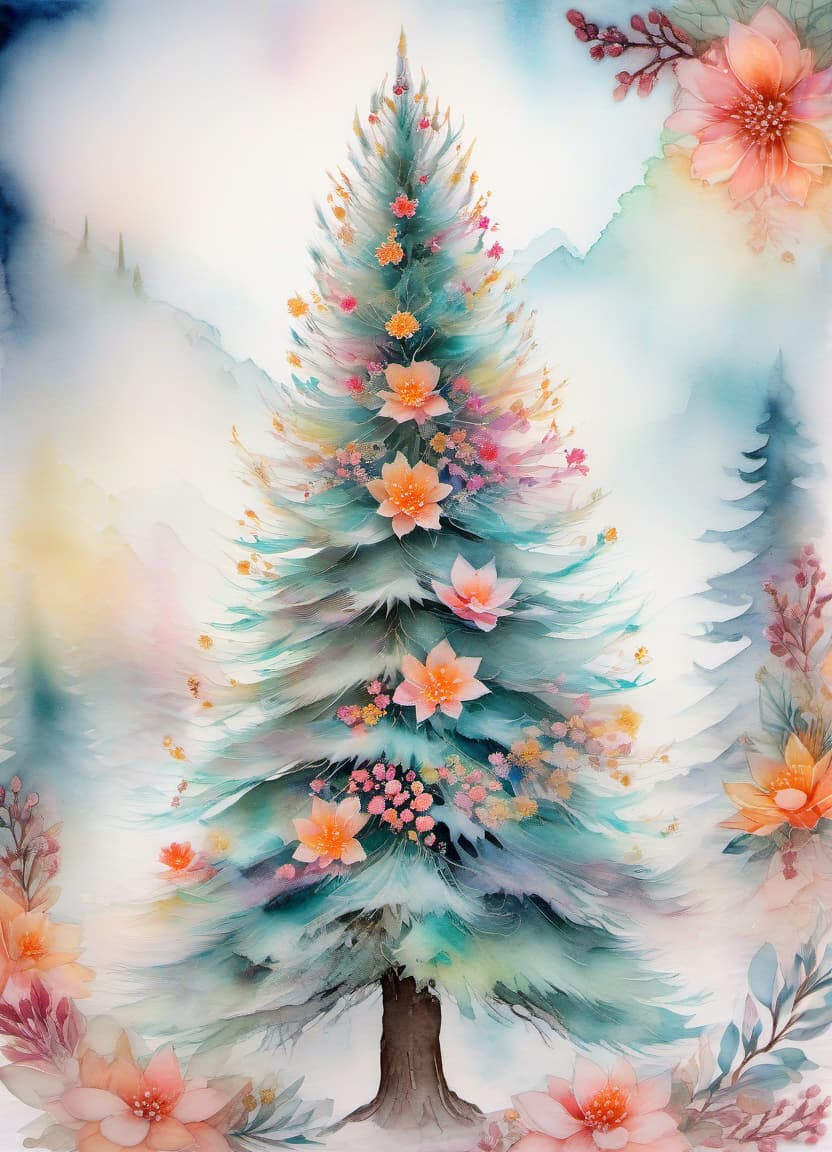  fairy tale christmas trees with cones, viper in a kimono, (double exposure: 1.4). (soft textured paper). alcohol ink of (bright) flowers. the incompleteness effect. tenderness of watercolors, winter, delicate colors. thin white lines. emotion. light relief pattern. . magical, fantastical, enchanting, storybook style, highly detailed