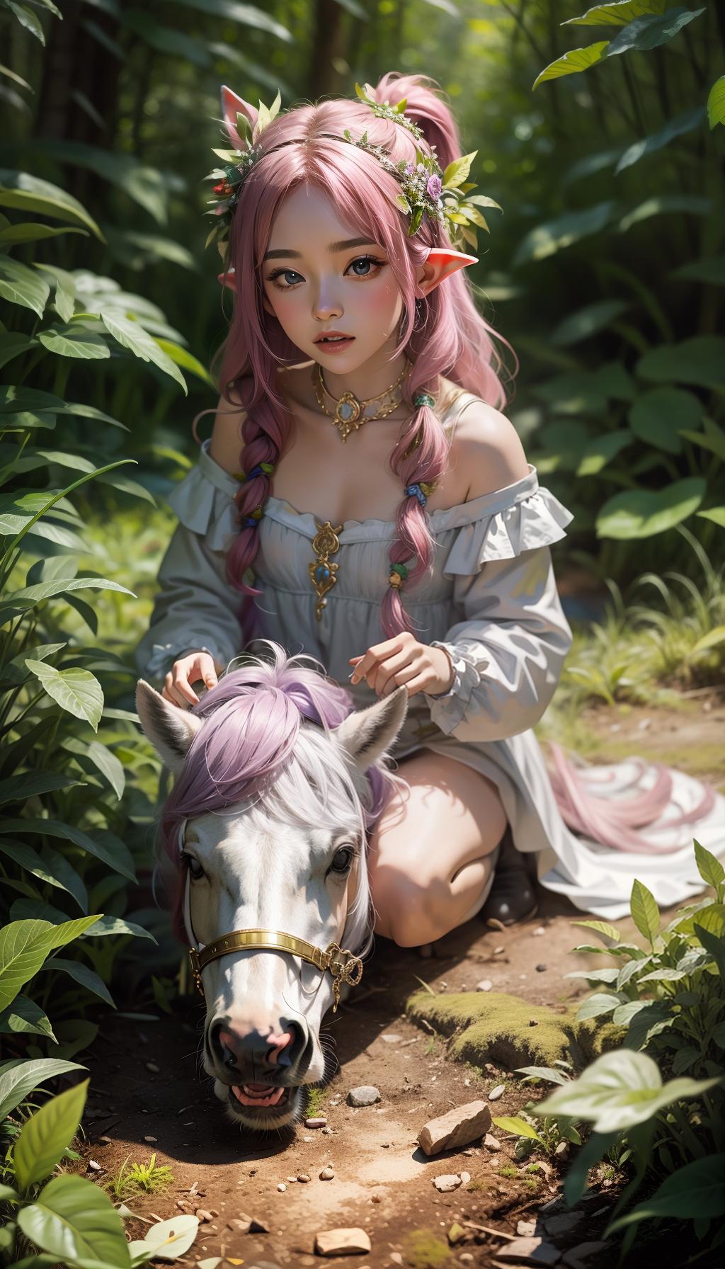  tiny unicorn playing with tiny elves and tiny pixies on the forest floor. highly detailed. soft colours.