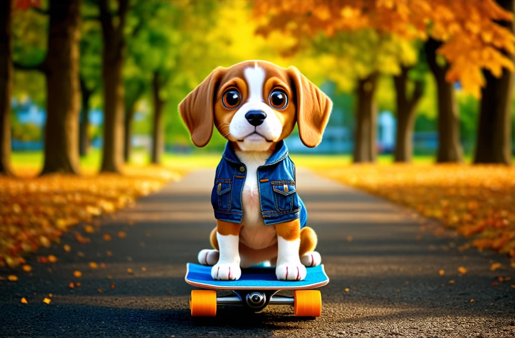  big head, big eyes, caricature, a caricature, rendering, (figurativism:0.8), a beagle puppy stands on four paws on a platform skateboard on an asphalt path in an autumn park in a denim sleeveless jacket , epic realistic, pixar style, disney, (cycles render:1.3), caustics, (glossy:0.58), (artstation:0.2), cute