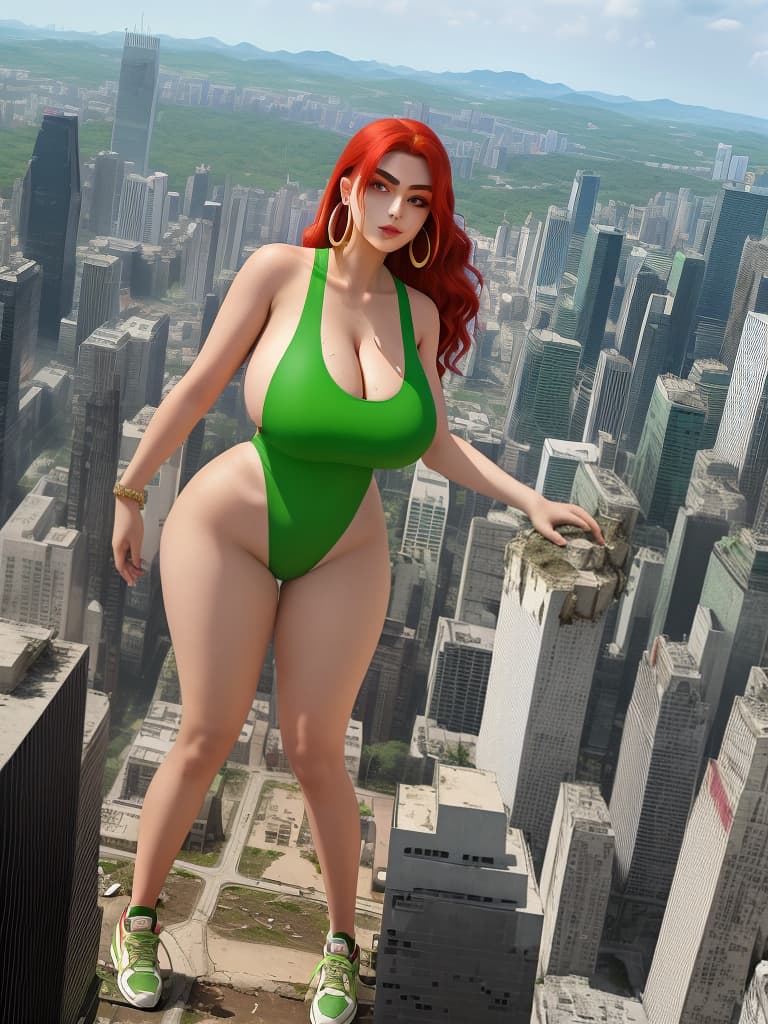  masterpiece, best quality, a giantess with arched eyebrows and a smirk, wearing a green solid color one piece with high cut legs and side , stands among the destruction of a city. her huge s and wide hips contrast with her sneakers, hoop earrings, and long red hair. the cracks on the ground emphasize her mive size as she looks down with her golden eyes at the crushed buildings below. the aerial view captures the full body of the in 8k resolution, creating a best quality masterpiece of destruction and power. (photography, dramatic lighting, high resolution camera settings)