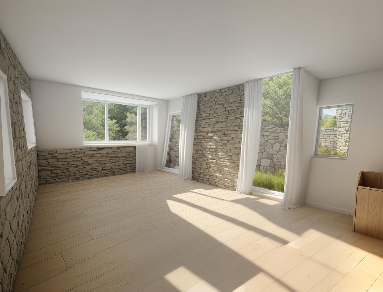  create a photorealistic image of a minimalist room with a stone wall and a large window. the stone wall should add texture and depth to the clean, modern design, while the window brings in natural light, enhancing the room's airy feel.