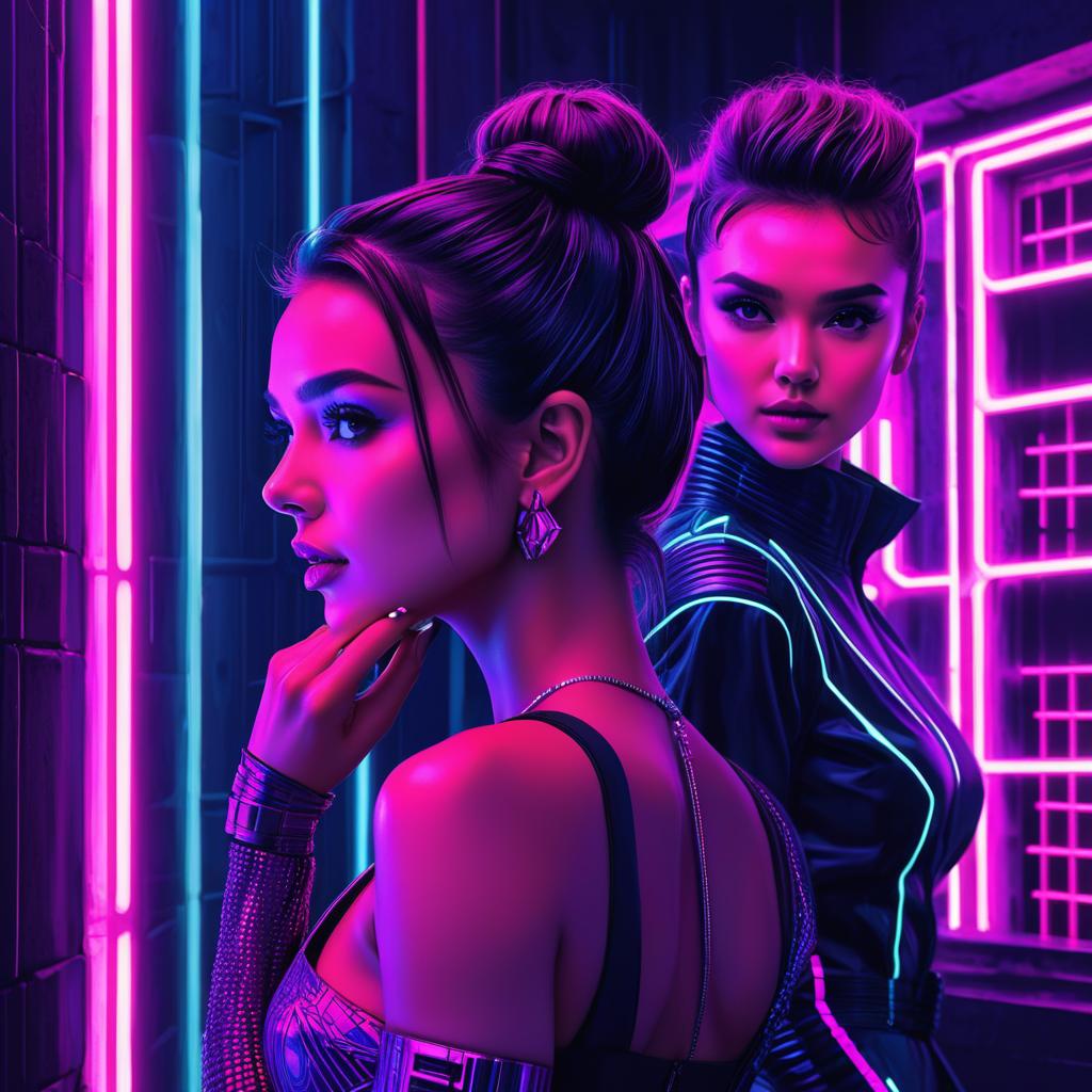  cyberpunk style sweaty jessica alba and audrey hepburn. posing . full body. steamy room. very detailed.. cyberpunk, vaporwave, neon, vibes, vibrant, stunningly beautiful, crisp, detailed, sleek, ultramodern, magenta highlights, dark purple shadows, high contrast, cinematic, ultra detailed, intricate, professional