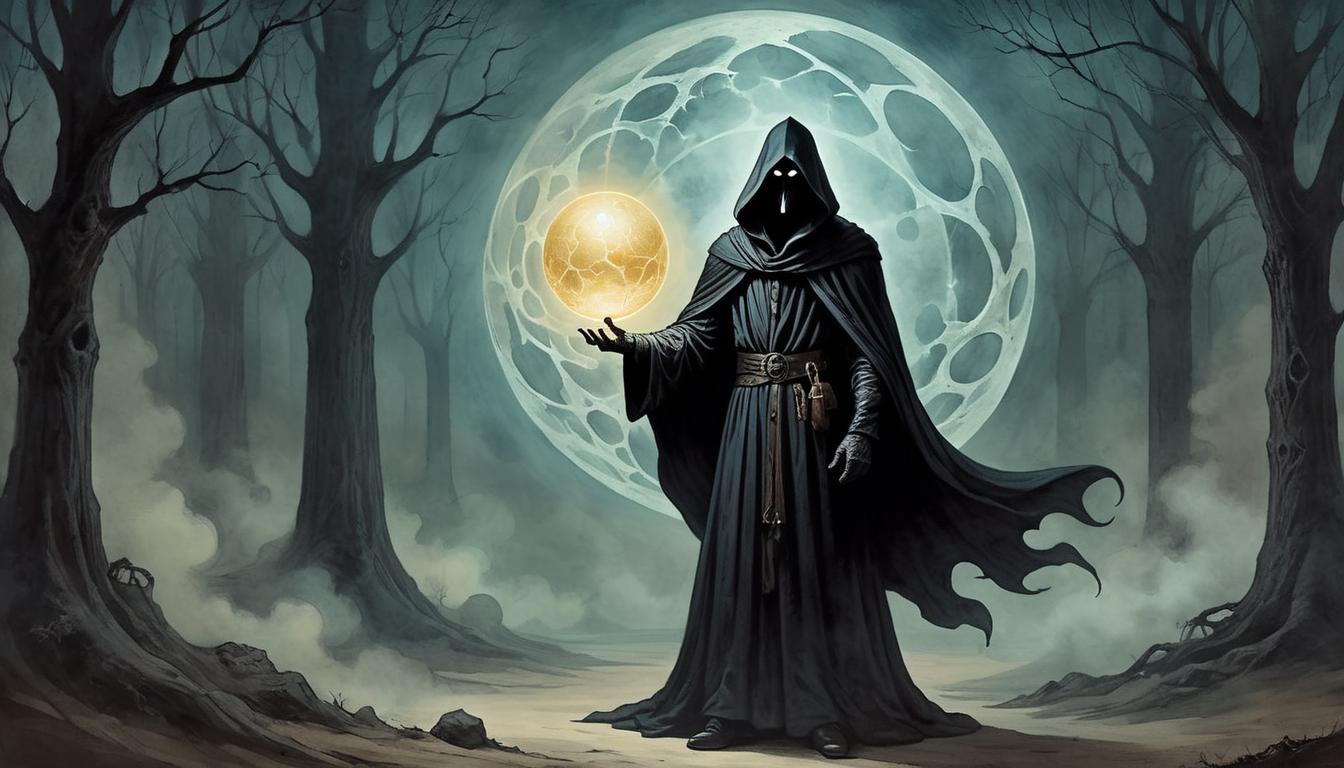  on parchment, surrealism+++, dark cloaked figure, menacing aura, protecting a glowing orb, intense gaze, guarding, foreboding atmosphere(mysterious, provocative, symbolic,muted color)+++