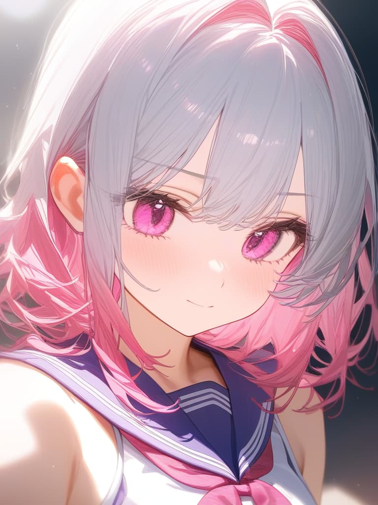  girls, white hair, pink, pink gradation hair color, cute face, purple sailor suit, pink eyes, medium hair, masterpiece, best quality,8k,ultra detailed,high resolution,an extremely delicate and beautiful,hyper detail