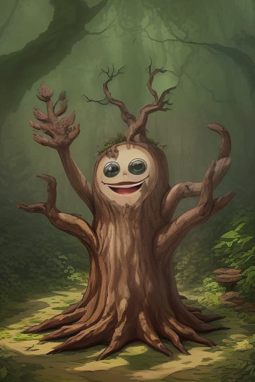  a cute, stout wooden creature resembling a stump, with arms, roots and large eyes, happily waving its branch like arms against a forest backdrop, dappled sunlight filtering through the leaves.. magic realism, funny cartoon, rustic watercolor