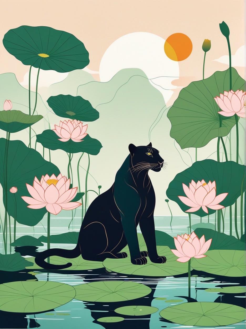  minimalism, panther in a lotus pond illustration, abstract, simple geometic shapes, hard edges, sleek contours, minimalism