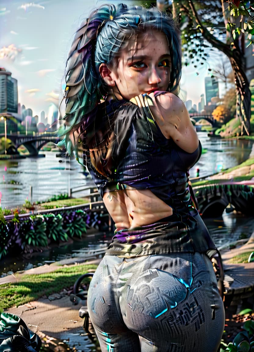  hdr photo of a back view, a girl with blue hair gathered in a ponytail, gray eyes, a black wool top, bright gray tight tights, a round ass, a large bust, against the background of a city park with a river. . high dynamic range, vivid, rich details, clear shadows and highlights, realistic, intense, enhanced contrast, highly detailed, civitai, perfecteyes, glowneon