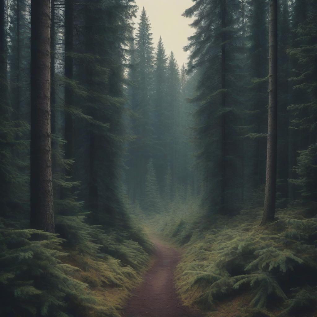  secret path in the forest, barely visible behind the crowns of fir trees, more oil dark tones, vhs/80s poster style