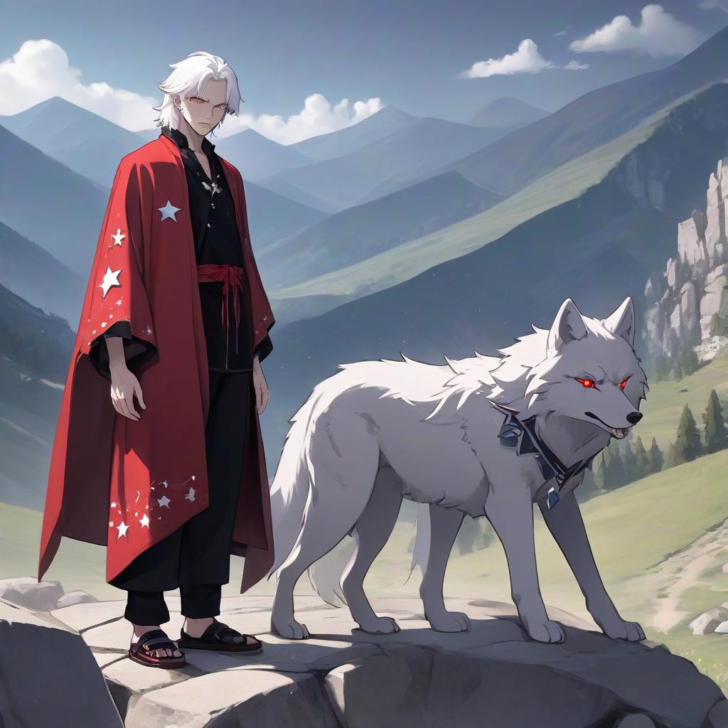  a erect wolf with white hair and red eyes. dressed in a red and black caftan, black pants of free cut, no shoes, over the caftan cast a dark blue cloak embroidered with metal stars. he's standing on a stone playground. behind him you can see a valley surrounded by a mountain range.