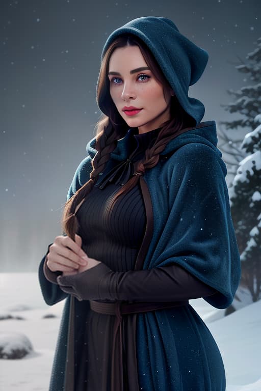  The cover of a fantasy book featuring a young witch with dark brown hair, a braid, dark eyes, a slightly crooked nose, freckles on her cheeks, and pointed ears. She wears a blue robe of a magician with a hood, and in her hands she holds a wand with a round glass sphere on top. Behind her is a snowy Skyrim landscape. hyperrealistic, full body, detailed clothing, highly detailed, cinematic lighting, stunningly beautiful, intricate, sharp focus, f/1. 8, 85mm, (centered image composition), (professionally color graded), ((bright soft diffused light)), volumetric fog, trending on instagram, trending on tumblr, HDR 4K, 8K