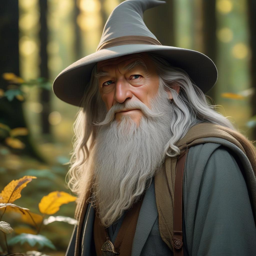  cinematic photo gandalf in his hat in the evening forest of early autumn is magic. crickets fly around . 35mm photograph, film, bokeh, professional, 4k, highly detailed, hkmagic hyperrealistic, full body, detailed clothing, highly detailed, cinematic lighting, stunningly beautiful, intricate, sharp focus, f/1. 8, 85mm, (centered image composition), (professionally color graded), ((bright soft diffused light)), volumetric fog, trending on instagram, trending on tumblr, HDR 4K, 8K