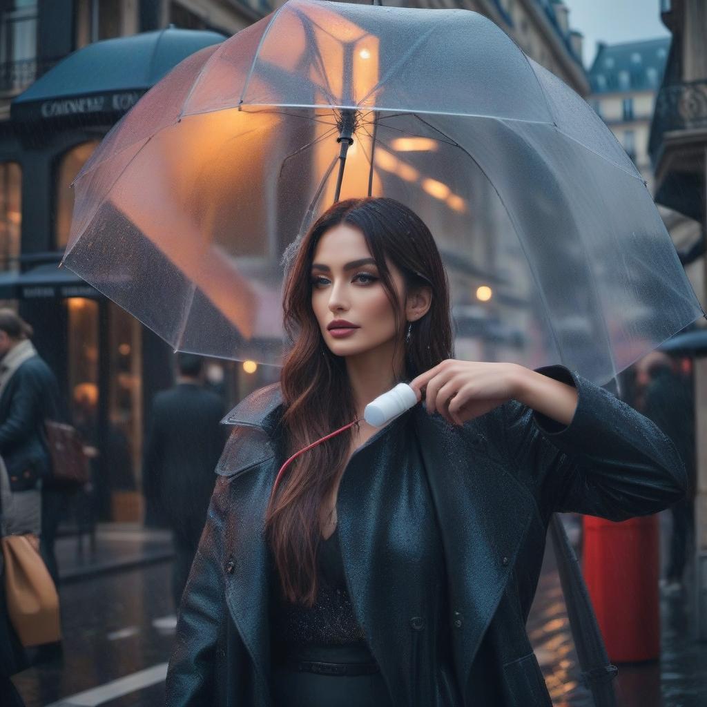  Rain in Paris hyperrealistic, full body, detailed clothing, highly detailed, cinematic lighting, stunningly beautiful, intricate, sharp focus, f/1. 8, 85mm, (centered image composition), (professionally color graded), ((bright soft diffused light)), volumetric fog, trending on instagram, trending on tumblr, HDR 4K, 8K