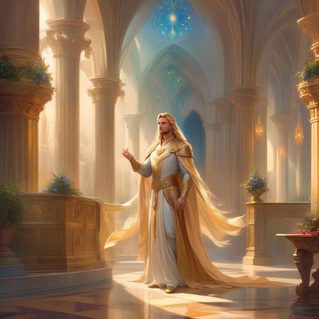  ethereal fantasy concept art of young king with long blonde hair in the council hall, 19th century, aesthetics of beauty and grandeur . magnificent, celestial, ethereal, painterly, epic, majestic, magical, fantasy art, cover art, dreamy