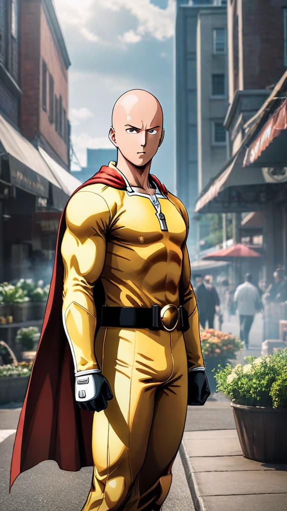  anime art: saitama one punch man at b rank due to underestimated strength and mysterious past. hyperrealistic, full body, detailed clothing, highly detailed, cinematic lighting, stunningly beautiful, intricate, sharp focus, f/1. 8, 85mm, (centered image composition), (professionally color graded), ((bright soft diffused light)), volumetric fog, trending on instagram, trending on tumblr, HDR 4K, 8K