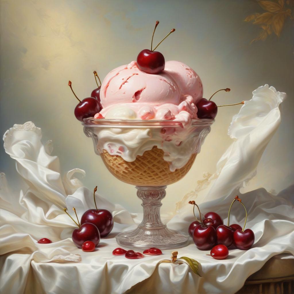  rococo, oil, canvas, high quality image, creamy ice cream with cherry cream