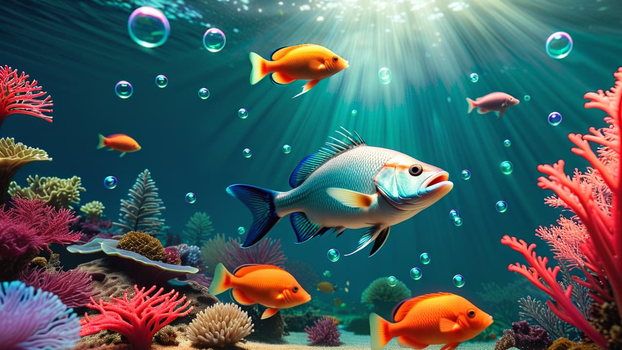  a serene underwater scene depicting a caught fish swimming near the surface, surrounded by bubbles, with a contrasting image of a fish in a vibrant aquarium thriving among colorful corals and plants. hyperrealistic, full body, detailed clothing, highly detailed, cinematic lighting, stunningly beautiful, intricate, sharp focus, f/1. 8, 85mm, (centered image composition), (professionally color graded), ((bright soft diffused light)), volumetric fog, trending on instagram, trending on tumblr, HDR 4K, 8K