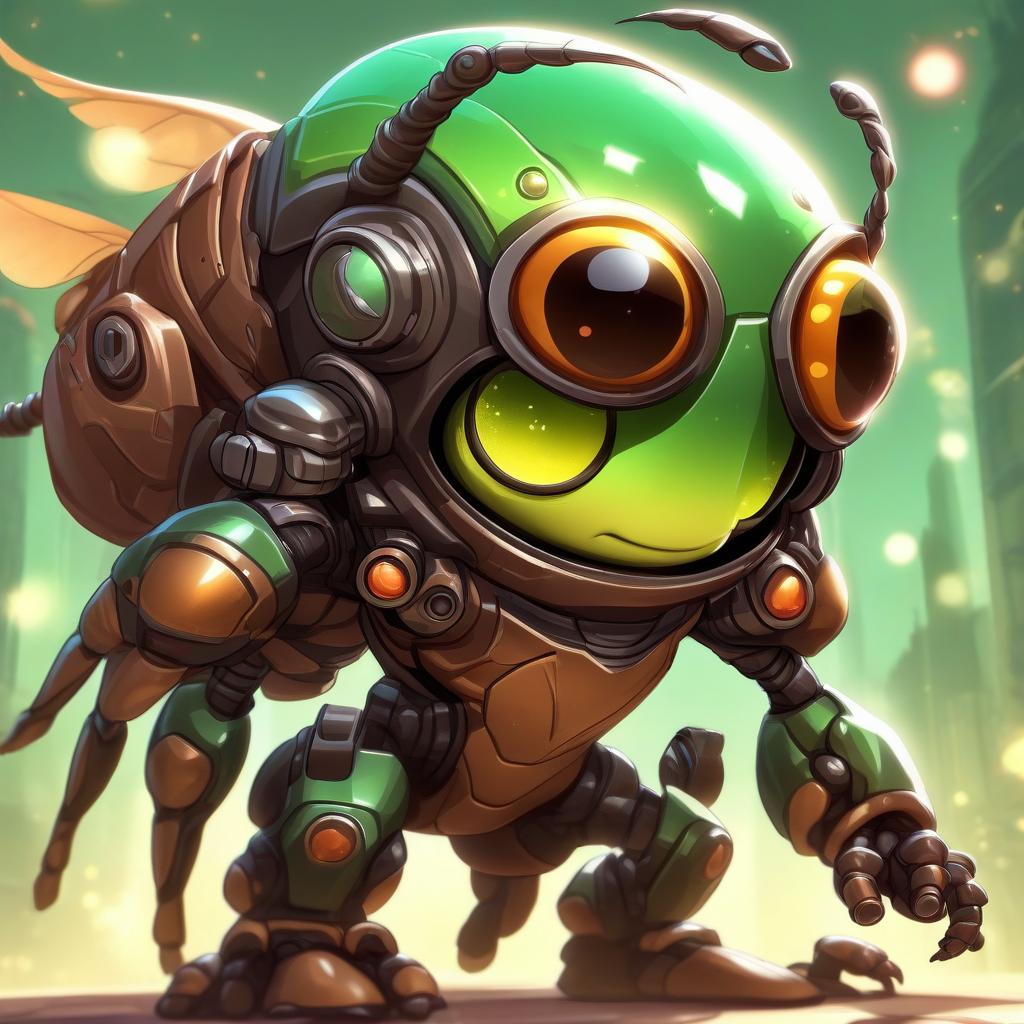  cute cartoon insect beetle character with a green body, big expressive eyes and a smile on his lips. on his head he has a huge brown helmet with goggles, giving him an adventurous look. the insect beetle stands confidently holding a blaster, he has graceful wings and long tendrils. the background is simple and bright inside the starship to emphasize the charm of the funny character with the weapon.