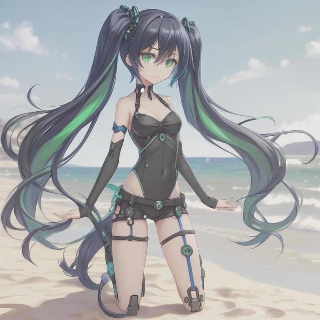  , 20 year, a few mechanical parts, black and blue hair, 2 very long hair tails, green eyes, , covering with her hands, large hairpin, few hologram screens, beach