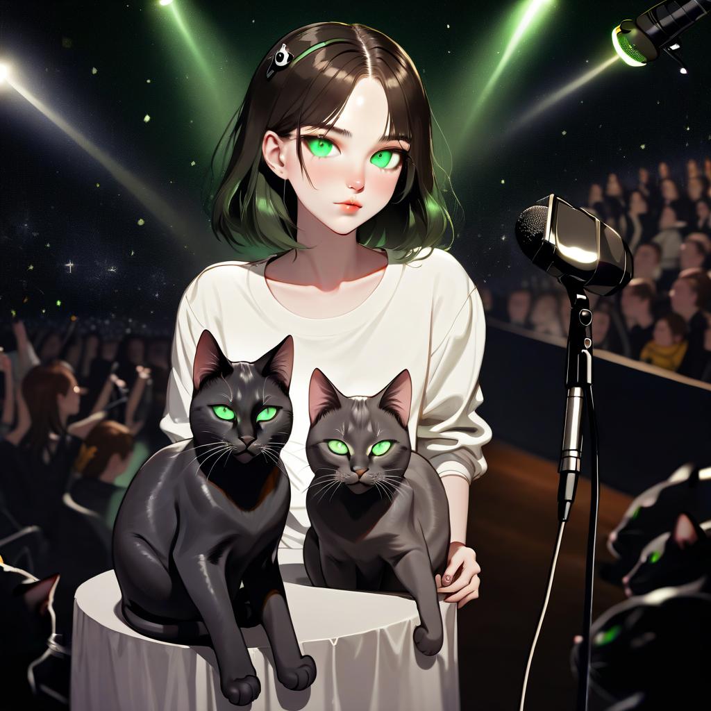  girl with dark green eyes, two cats, space, spotlights, view from the stage, microphone, music, royal grace