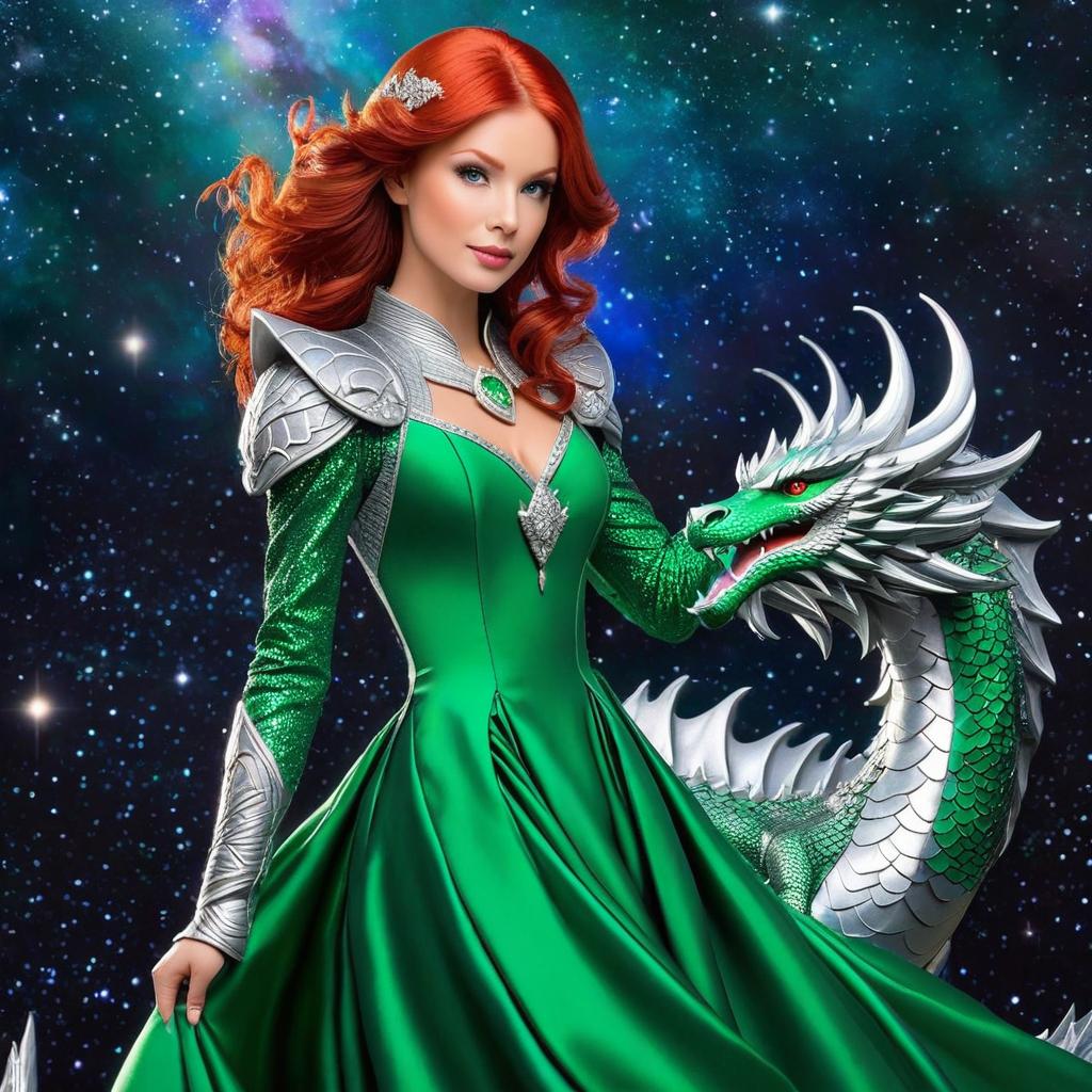  redhead, green dress, silver dragon, in space, award winning, professional, highly detailed, masterpiece