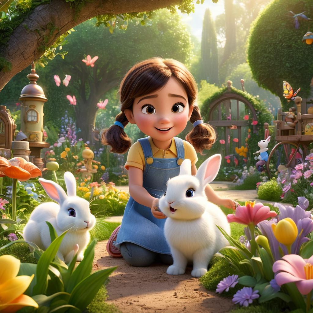  in 3d animated movie style. disney pixar style. lily, a 4 old with pigtails, playing in a garden with toys. include a white rabbit winking nearby. garden vint with flowers, greenery. forest in the background. high res pixar 3d animation with detailed textures, whimsical essence. bright colors, soft light filtering through trees. low angle, showcasing lily's wonder. toys scattered around. 16:9 aspect ratio.