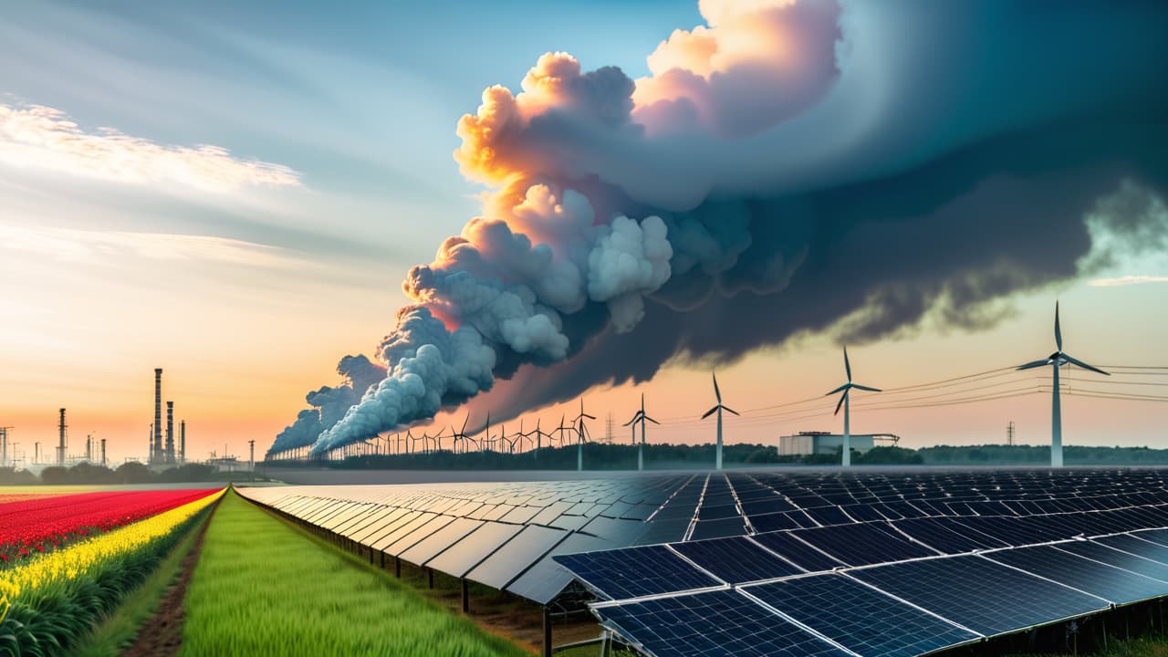  a split image showing a sunny solar farm with panels glistening under blue skies, contrasted with a coal power plant emitting dark smoke against a stormy background, symbolizing reliability in energy sources. hyperrealistic, full body, detailed clothing, highly detailed, cinematic lighting, stunningly beautiful, intricate, sharp focus, f/1. 8, 85mm, (centered image composition), (professionally color graded), ((bright soft diffused light)), volumetric fog, trending on instagram, trending on tumblr, HDR 4K, 8K