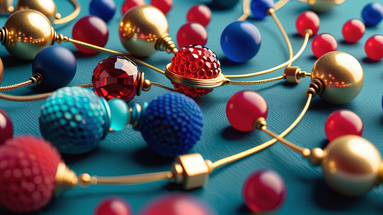  a close up of colorful, intricately patterned beadwork displaying various techniques, with vibrant beads in shades of blue, red, and gold, arranged artistically on a soft, textured fabric background. hyperrealistic, full body, detailed clothing, highly detailed, cinematic lighting, stunningly beautiful, intricate, sharp focus, f/1. 8, 85mm, (centered image composition), (professionally color graded), ((bright soft diffused light)), volumetric fog, trending on instagram, trending on tumblr, HDR 4K, 8K