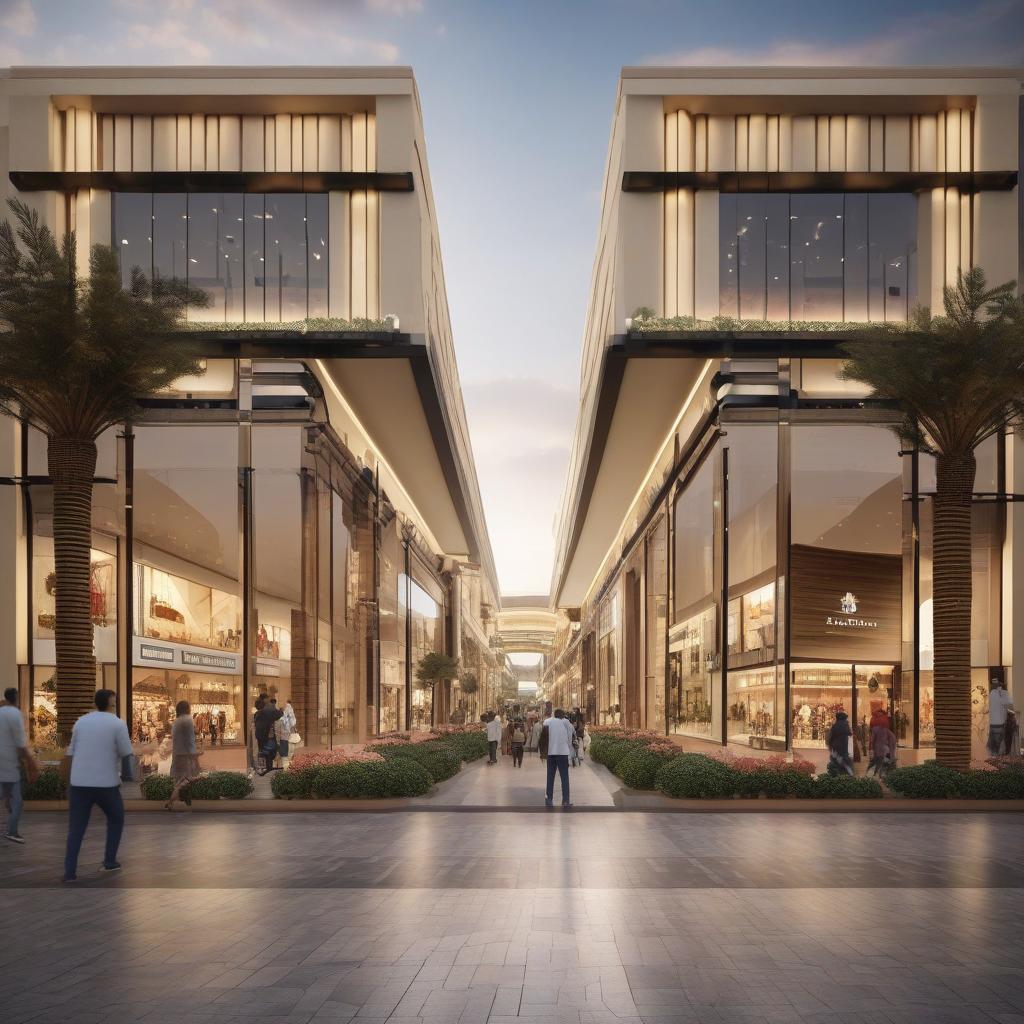  masterpiece, best quality,drive through mall with road passing theough the mall and on the sides of the road is a souq where you buy and sell on the facade is glass and has retail shops in the mall seen from the exterior,