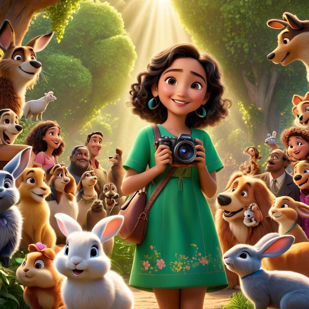  in 3d animated movie style. disney pixar style. shanaya, with a kind heart, in colorful dress, taking photos with a camera, mr. bixby, 150 wise man in tattered robe, observing animals, rosie rabbit, old bubbly girl with pink bow, laughing with animals, lush green forest, warm sunlight, joyful and camaraderie, high resolution pixar 3d animated style, vint greens, golden sunlight, elevated angle to capture happiness.