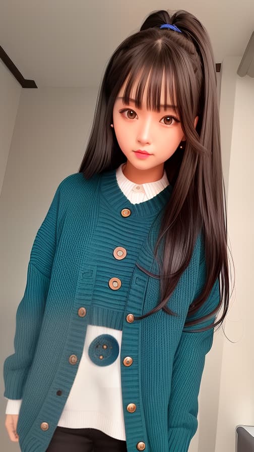  Room V sweater with dark blue-green buttons Brown hair semi-straight long female figure eight eyebrows