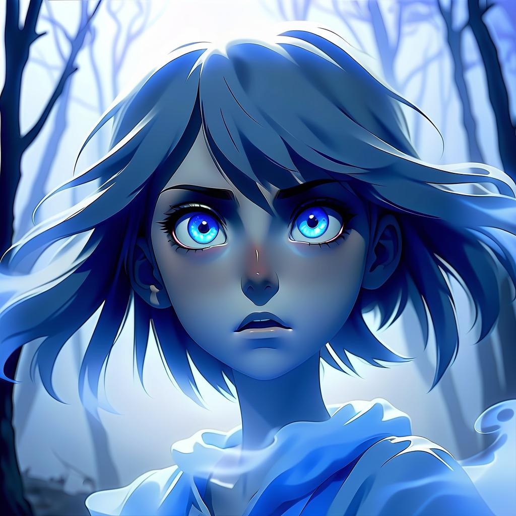  anime girl with blue shining eyes, in a moving fog, only the silhouette of the girl is visible,