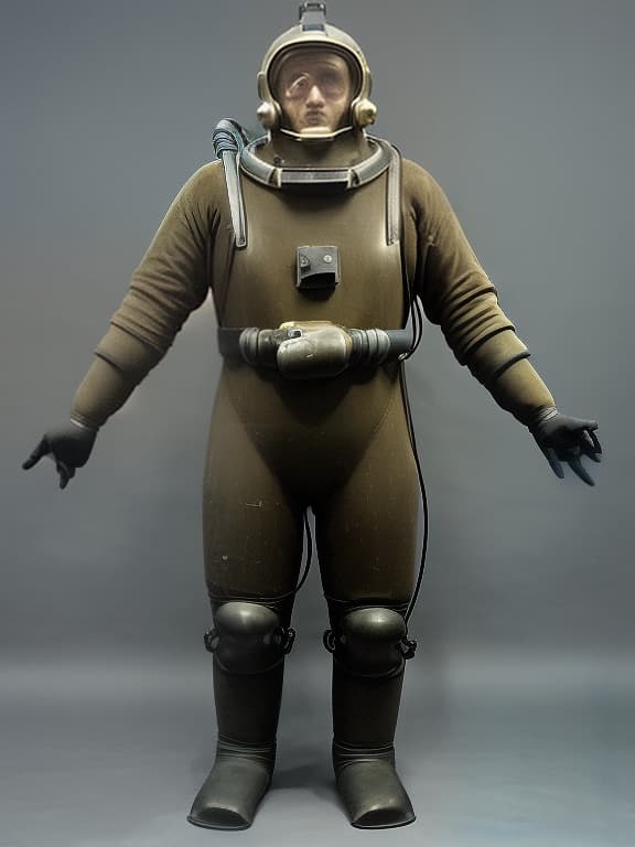  a man in a huge, old underwater diving suit, full length, in a helmet, stands straight, arms shoulder width apart. image diagram.