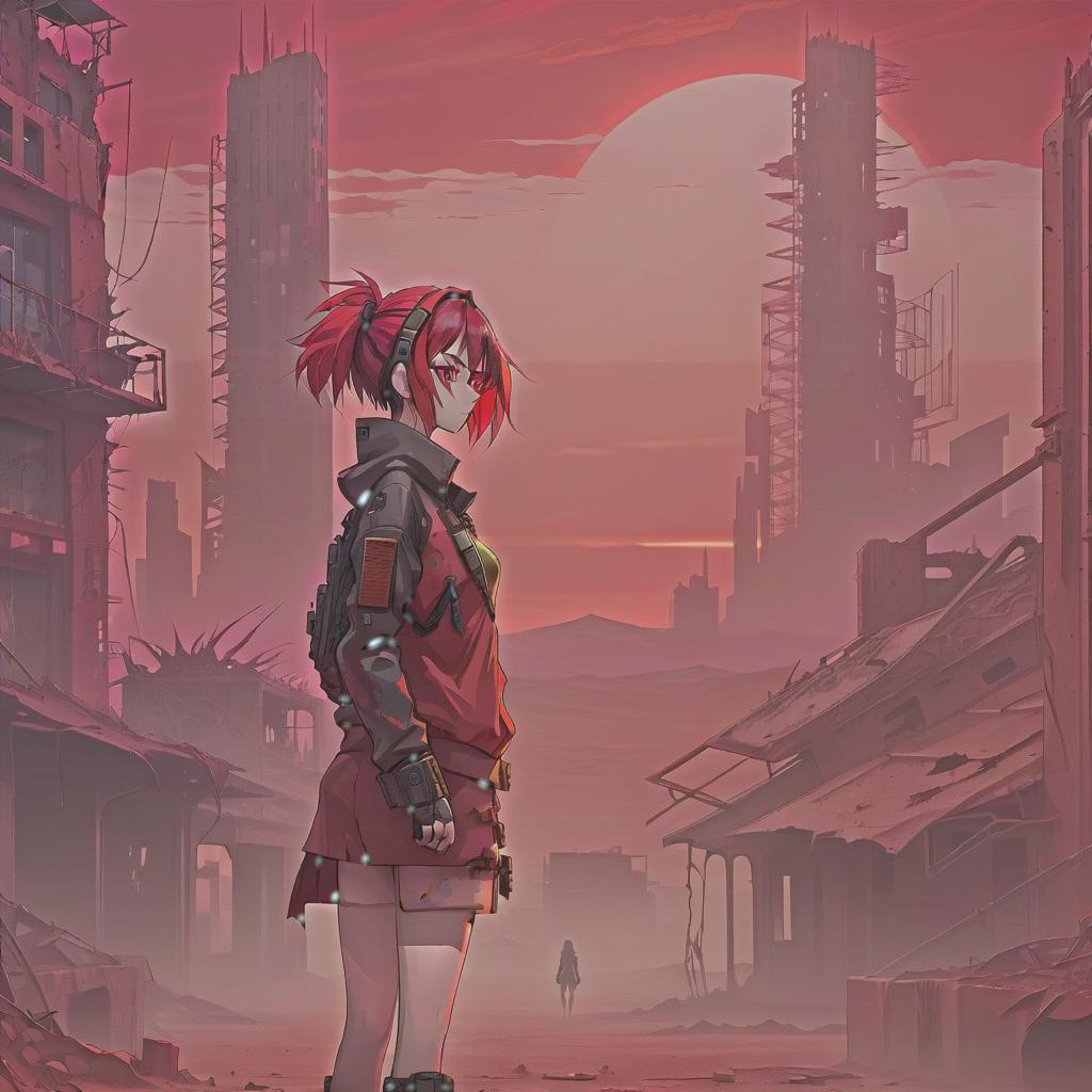  anime artwork image of post apocalyptic landscape, woman standing, in a clothes, the red sunset on the backround with a cyberpunk ruined buildings, in a red desert, cyberpunk art, anime style . anime style, key visual, vibrant, studio anime, highly detailed