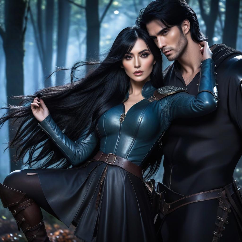  elfian girl in leather armor, long black hair, with dark forest hyperrealistic, full body, detailed clothing, highly detailed, cinematic lighting, stunningly beautiful, intricate, sharp focus, f/1. 8, 85mm, (centered image composition), (professionally color graded), ((bright soft diffused light)), volumetric fog, trending on instagram, trending on tumblr, HDR 4K, 8K