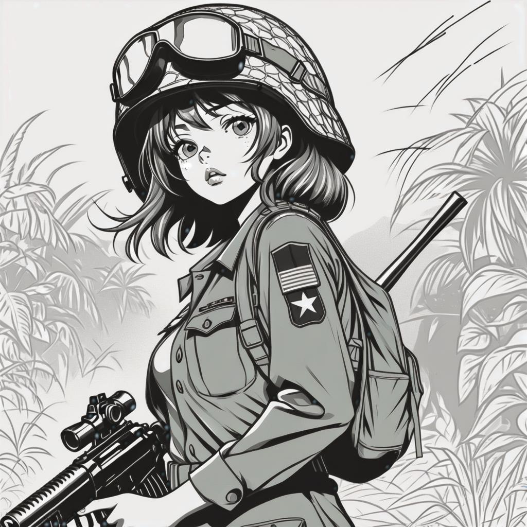  line art drawing vietnam war girl, same nightmare. anime style . professional, sleek, modern, minimalist, graphic, line art, vector graphics