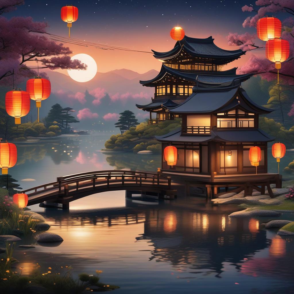  masterpiece, best quality, (Fidelity: 1.4), Best Quality, Masterpiece, Ultra High Resolution, 8k resolution, A night view inspired by Japanese art, featuring a garden illuminated by paper lanterns and a wooden bridge spanning a tranquil lake, by the lakeside, there is a small Zen temple. The water reflects the starry sky.