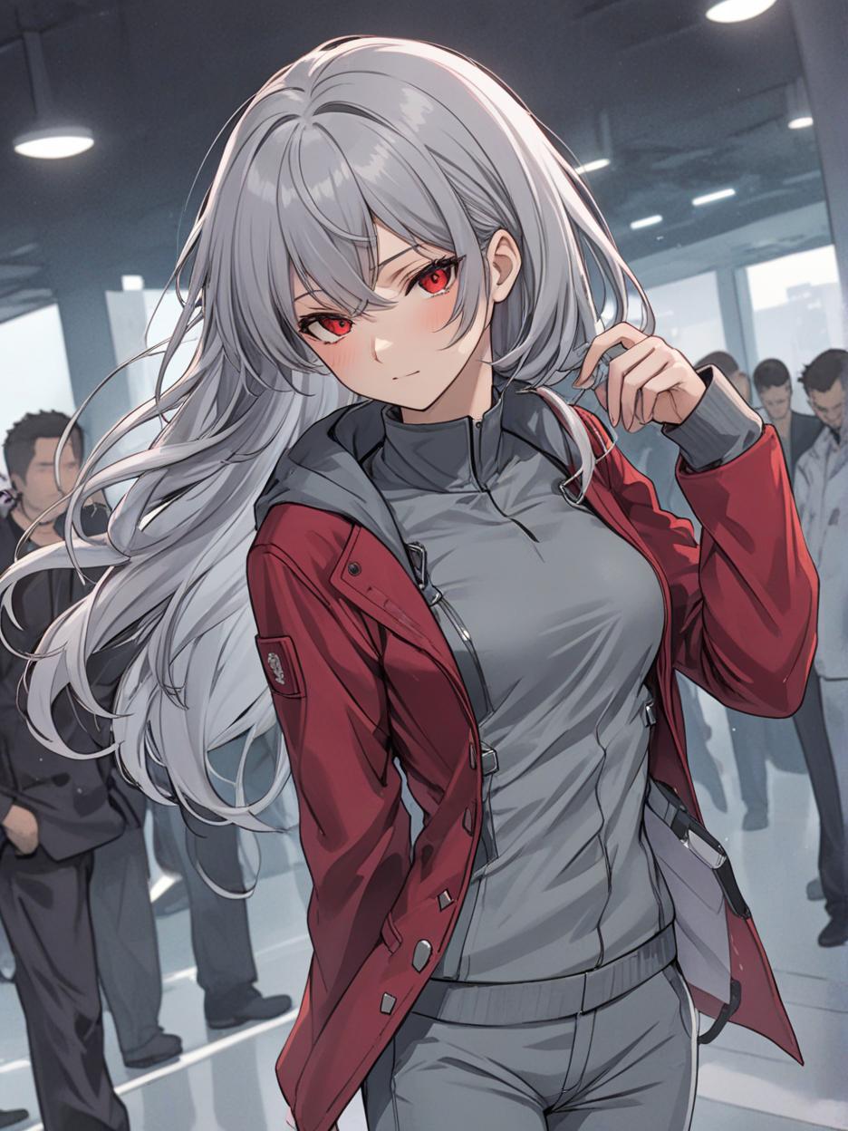  manga artwork manga art style, a strong woman, silver hair, covering her face. she has deep, beautiful red eyes that are very prominent, white eyelashes that are very prominent in the eyes. she wears dark dress pants. a red shirt with buttons on the front seam, two thin belts under the bust. a light gray lab coat on the shoulders. a very strong and slender body, his strong abdomen shows in the red shirt. the background is a futuristic area where people practice combat and weapons in the background. she has a cup of coffee in her hands. well highlighted eyes with white eyelashes details, 8k.. manga artist. manga, highly emotional. best quality, high resolution