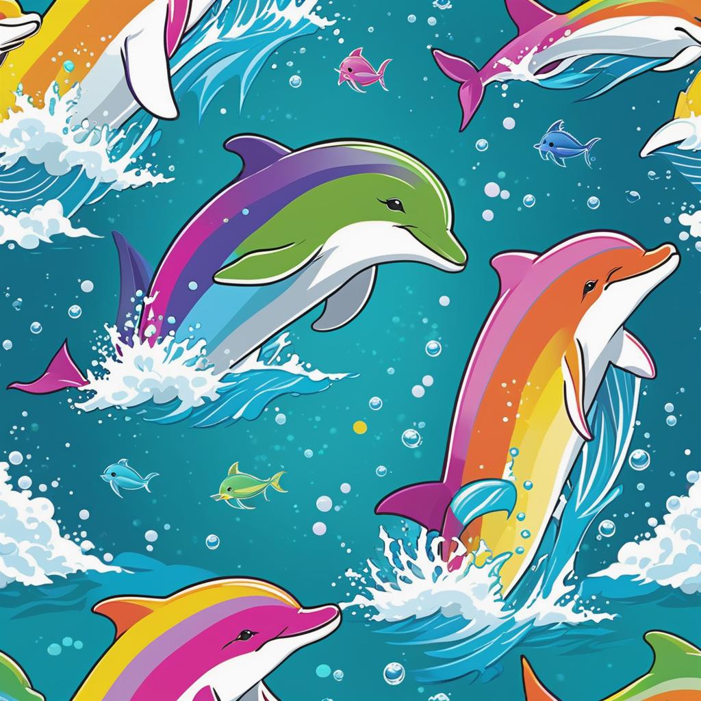  three cute happy dolphins jumping out of the water, playing together, rainbows and sunshine, other fish and ocean creatures